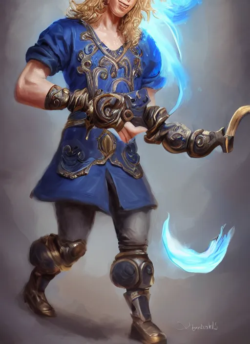 Prompt: a highly detailed illustration of long wavy bright blonde haired effeminate boy wearing blue blacksmith apron and iron mechanical arms, blue eyes, dramatic smiling pose, intricate, elegant, highly detailed, centered, digital painting, artstation, concept art, smooth, sharp focus, league of legends concept art, wlop