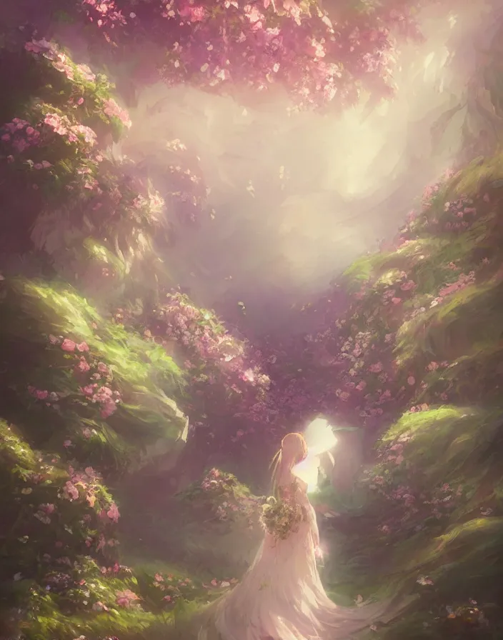 Prompt: beautiful wedding flower bouquet, environment concept art, daytime ethereal anime, high detail Impressionist style, dreamy light color palette, style of studio ghibli and moebius, concept art stunning atmosphere, trending on artstation, volumetric light
