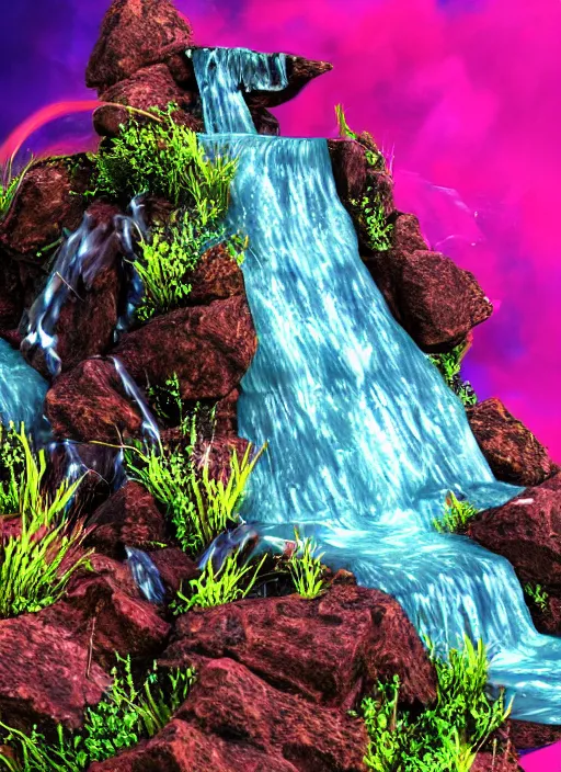 Prompt: a 3 d fractalpunk illustration of a waterfall, colors splashing and spattering the ground