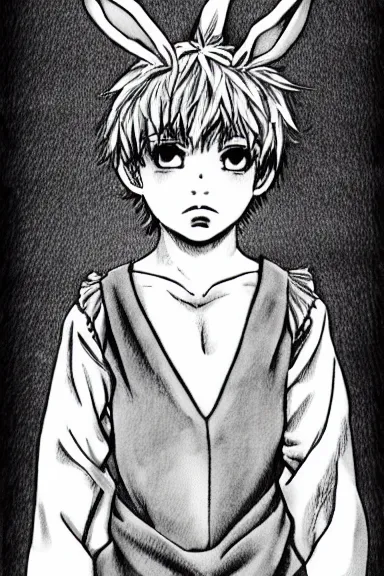 Image similar to attractive little boy wearing an bunny suit, black and white artwork made by kentaro miura