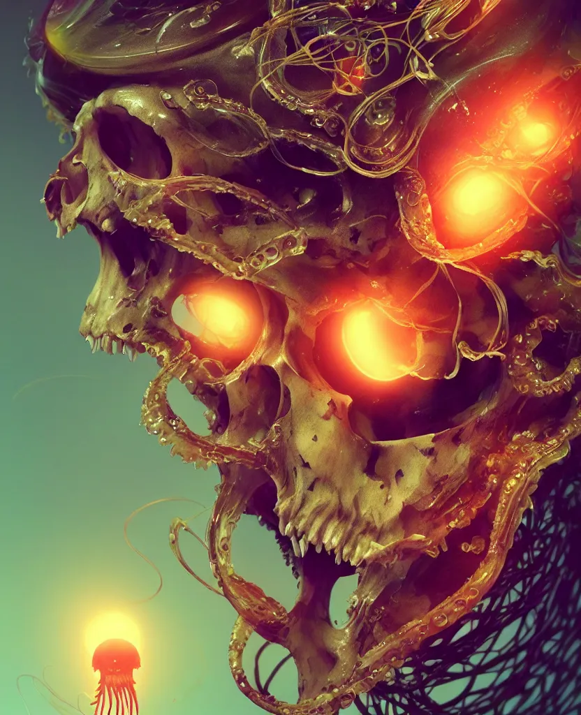 Image similar to goddess close-up portrait animal skull. jellyfish phoenix head, nautilus, orchid, skull, betta fish, bioluminiscent creatures, intricate artwork by Tooth Wu and wlop and beeple. octane render, trending on artstation, greg rutkowski very coherent symmetrical artwork. cinematic, hyper realism, high detail, octane render, 8k