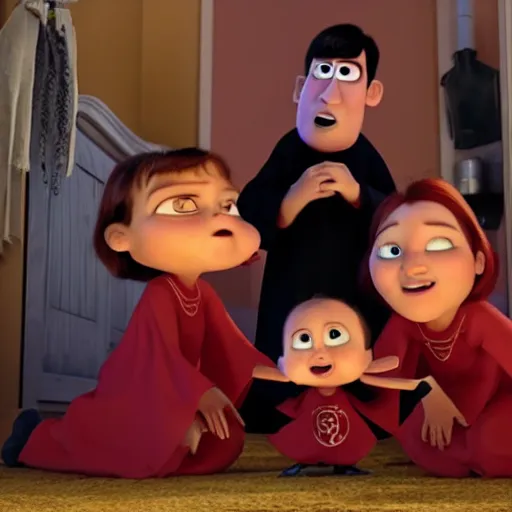 Image similar to pixar movie, a happy family in black cult robes sitting around a red pentagram on the floor performing an evil occult ritual to summon the antichrist