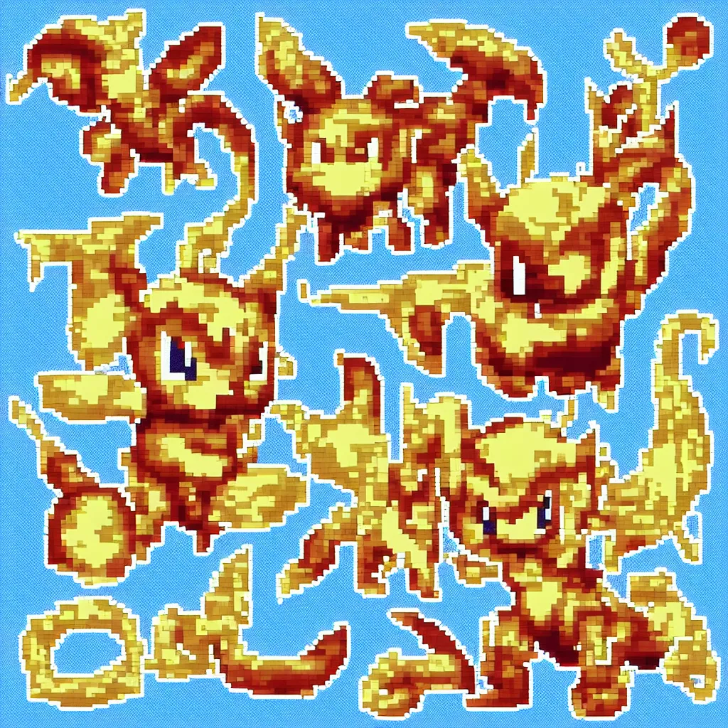 Image similar to pixelated pokemon monster inspired by ragnarok online, 1 2 8 bit, 1 0 0 0 x 1 0 0 0 pixel art, 4 k, super detailed, nintendo game, pixelart, high quality, no blur, sharp geometrical squares, concept pixelart