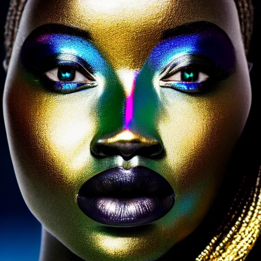 Prompt: portrait photograph of iridescent metalic face, african woman, iridescent reflections, proud looking, blue sky, 8 k, realistic, depth of field, highly detailed, art photography