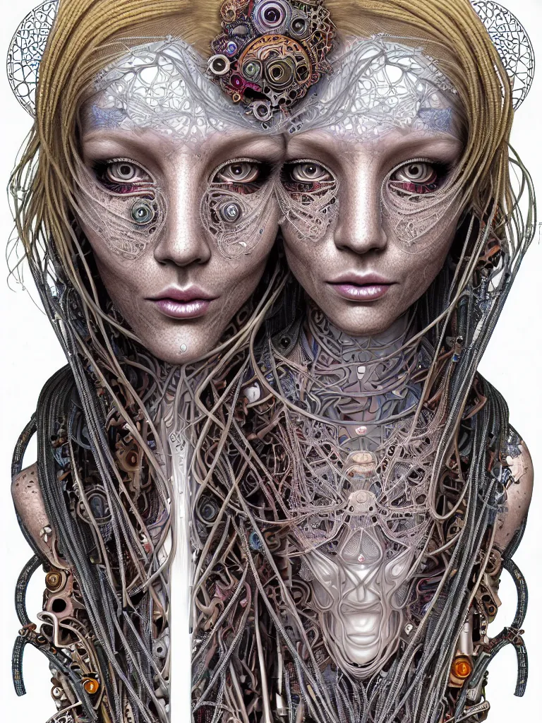 Image similar to full colour beautiful biomechanical female blonde dreadlock cyborg, realistic skin, geometrical octagonal lace tattoos, alexander mcqueen, art nouveau fashion embroidered, futuristic android jones style steampunk, trippy lsd hippie, craftsmanship, intricate silver filigrees, contrast hexagonal mesh wire, mandelbrot fractal mandala, alex grey, giger, hyperreal, photorealistic