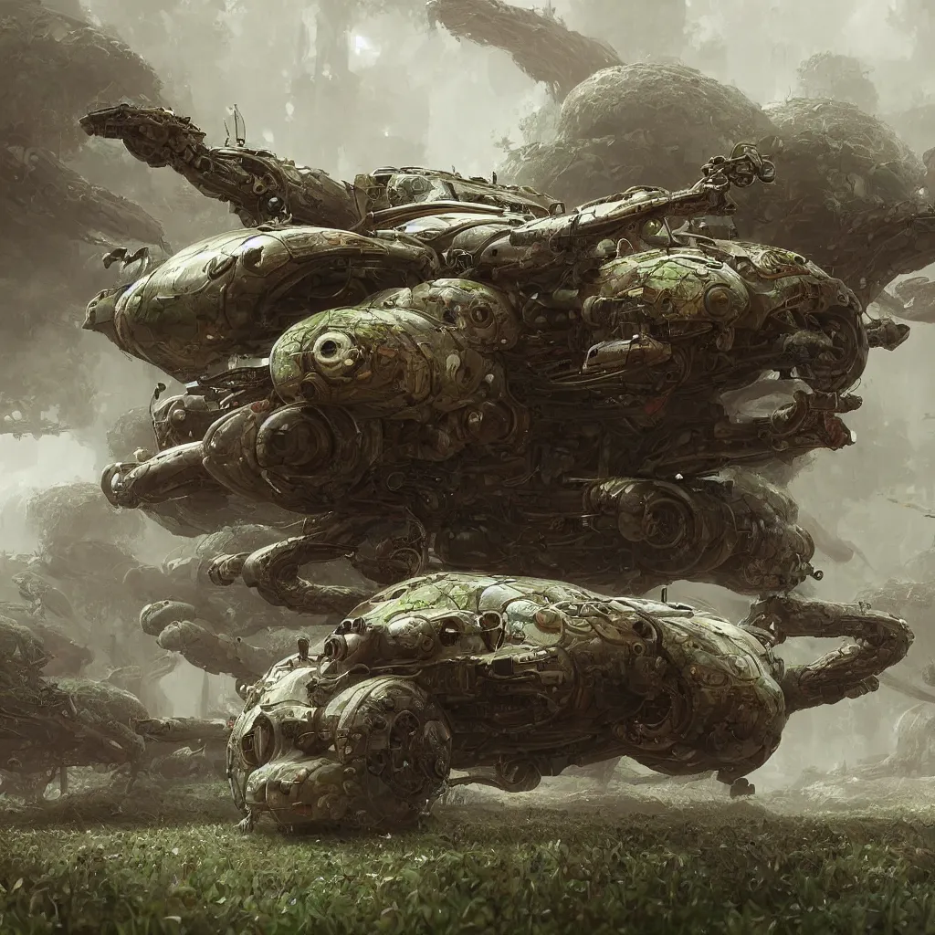 Image similar to a bio - mechanical insect - tank with mushrooms as camouflage highly detailed, digital painting, artstation, concept art, smooth, sharp focus, elegant, illustration, unreal engine 5, 8 k, art by artgerm and greg rutkowski