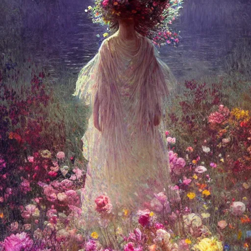 Image similar to a gigantic beautiful terrifying monster made of flowers looms over a tiny human. ethereal horror fantasy art by greg rutkowski and magali villanueve and monet