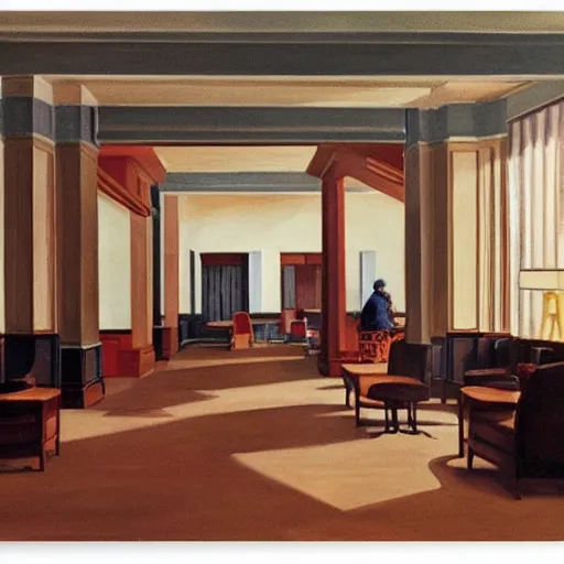 Image similar to interior of a 1 9 4 0 s hotel lobby, by edward hopper