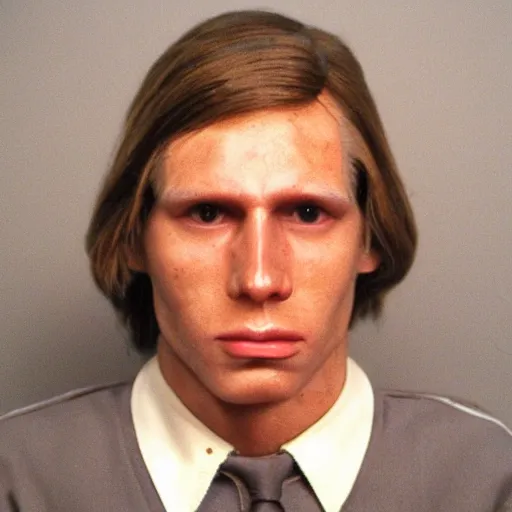 Prompt: A mugshot portrait of a man who looks like Jerma985 with medium length wavy hair, a combover and wearing late 1970s menswear in the late 1970s, taken in the late 1970s, grainy, realistic, hyperrealistic, very realistic, highly detailed, very detailed, extremely detailed, detailed, trending on artstation, front facing, front view, headshot and bodyshot, detailed face, very detailed face