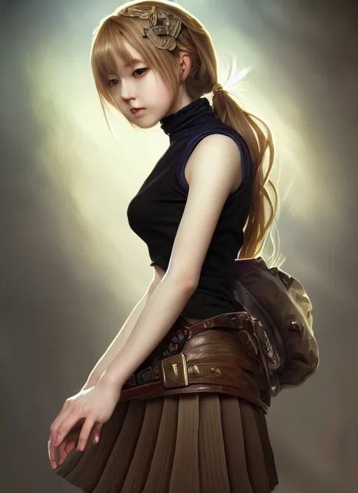 Image similar to portrait of a full body of beautiful young female detective, d & d, sleeveless turtleneck, pleated skirt, fantasy, flat lighting, intricate, highly detailed, digital painting, artstation, concept art, smooth, sharp focus, illustration, misa amane, art by simon bisley and greg rutkowski and alphonse mucha, natural tpose