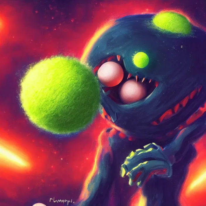 Image similar to cinematic portrait of a cute tennis ball monster in the abyss of space, chalk, masterpiece, trending on artstation, featured on pixiv, cinematic composition, dramatic pose, beautiful lighting, sharp details, hyper-detailed, HD, HDR, 4K, 8K, art by Basil Gogos