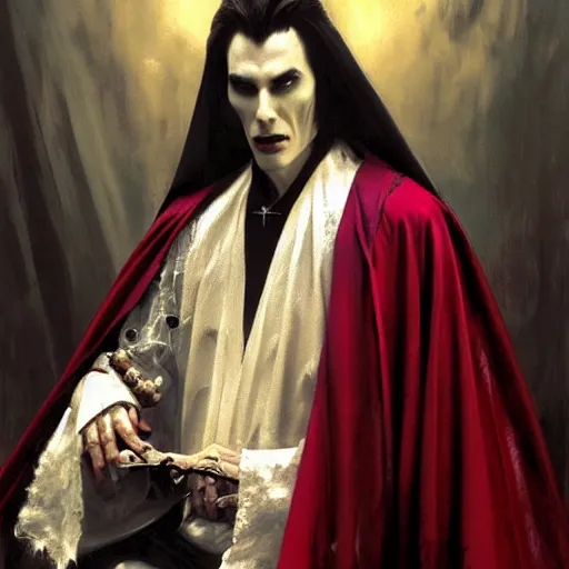 Image similar to perfectly centered portrait of attractive vampire king dracula in a robe sitting on a throne of bones, highly detailed painting by gaston bussiere, craig mullins, j. c. leyendecker, 8 k