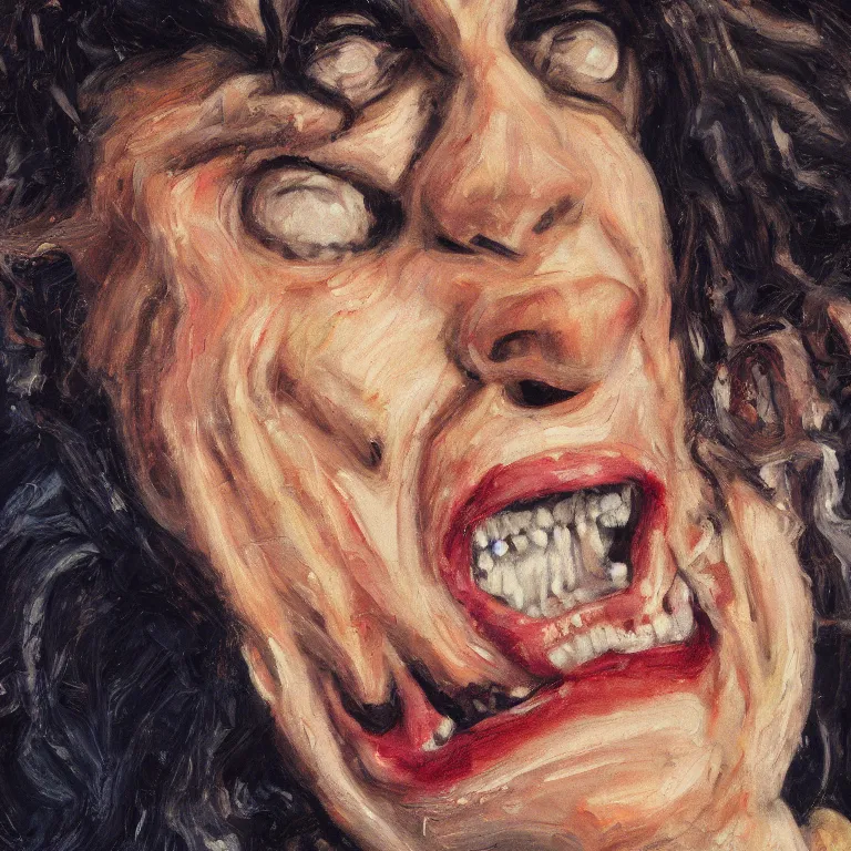 Prompt: warmly lit close up studio portrait of angry!! screaming! teenage Elaine Benes furious!, impasto oil painting thick brushstrokes by Lucian Freud and Cy Twombly and Tim Hawkinson , trending on artstation dramatic lighting Expressionism