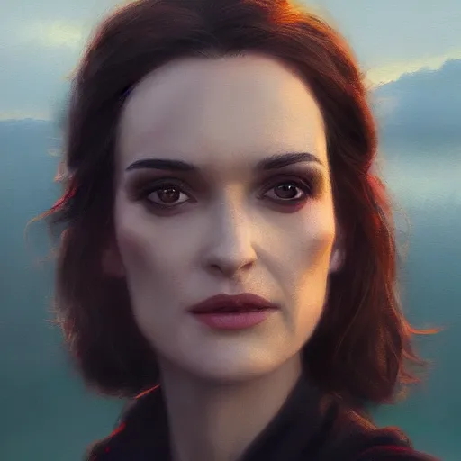 Image similar to a closeup portrait of a winona ryder, dramatic light, lake background, sunset, dark, painted by stanley lau, painted by greg rutkowski, painted by stanley artgerm, digital art, trending on artstation