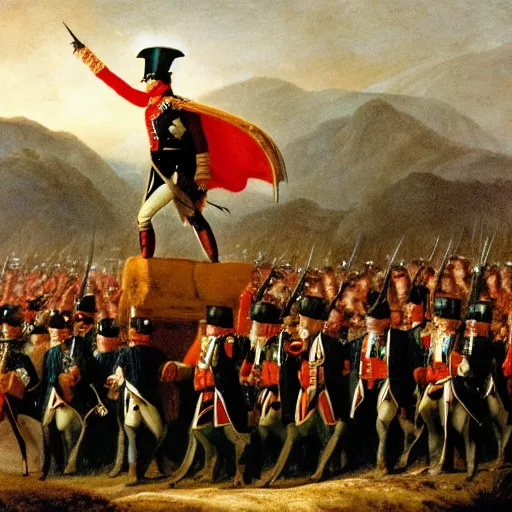 Prompt: napoleon standing on top of a cliff with an army marching next to him.