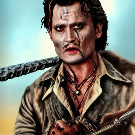 Image similar to Johnney Depp as Ash William's in Army of darkness, HD, high resolution, hyper realistic, 4k, intricate detail