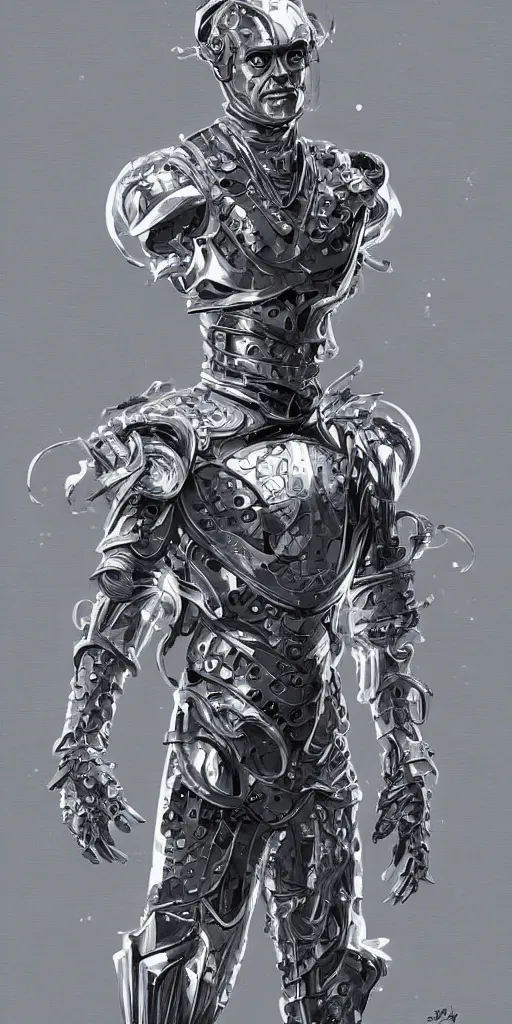 Image similar to powerful male tin man, willem dafoe as tinman, full body character concept, covered in full metal armor, art nouveau, super powers, fantasy, intricate, elegant, highly detailed, digital painting, artstation, concept art, shining, sharp focus, illustration, art by stanley lau