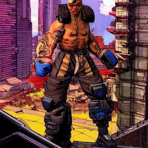 Image similar to Gregory. Apex legends cyberpunk kickboxer. Concept art by James Gurney and Mœbius.