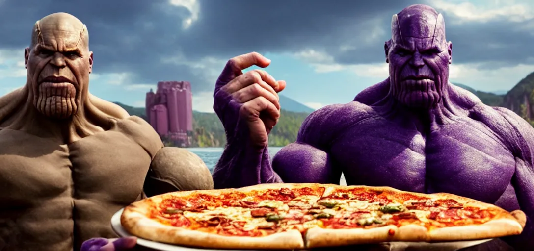 Image similar to a very high resolution image from a new movie. thanos eating pizza on a lake, photorealistic, photography, directed by wes anderson