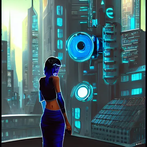Image similar to !dream A beautiful cyberpunk woman, with bright blue eyes and a silver robotic arm, in a dark and gritty cityscape.