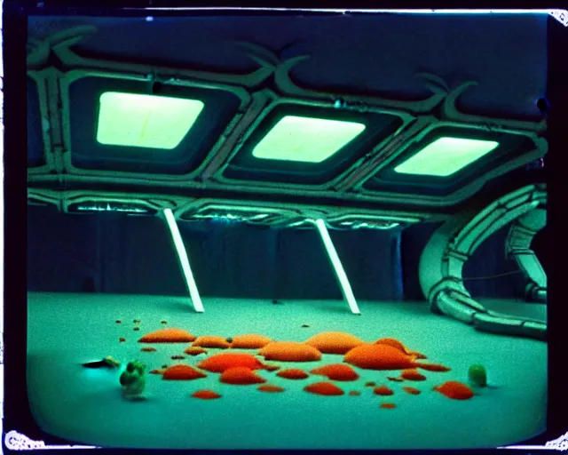Image similar to low angle shot of a space station at night, aquatic plants, coral, shabby chic, cinematography by Jim Jarmusch, composition by Moebius, in the style of Neo Rauch, set design by Antonin Gaudí, 35mm, polaroid, color film photography
