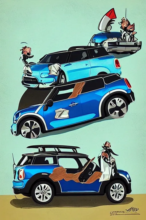 Prompt: “Poster of Blue Mini Cooper Countryman Hybrid and Viking horsemen in a battle. Retro cartoon caricature.”