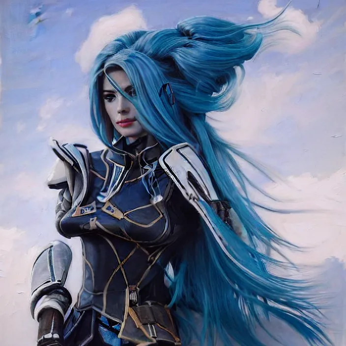 Prompt: portrait of a combination of Ashley Greene, Adriana Dxim, Grace Kelly and Lily Collins with blue hair wearing Warframe armor in the style of Assassin's Creed, countryside, calm, fantasy character portrait, dynamic pose, above view, sunny day, thunder clouds in the sky, artwork by Jeremy Lipkin and Giuseppe Dangelico Pino and Michael Garmash and Rob Rey and Greg Manchess and Huang Guangjian, very coherent asymmetrical artwork, sharp edges, perfect face, simple form, 100mm