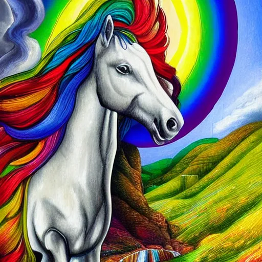 Prompt: white horse with long flowing rainbow mane standing on top of a hill with a waterfall detailed magical realism painting in the style of jacqueline wall