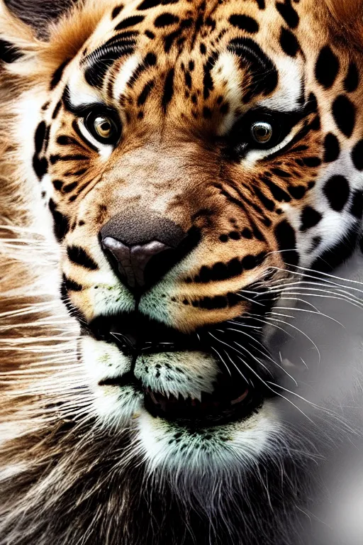 Image similar to !dream 8K UHD Redshift render, Poser, feetwave, lion_facecore, tigerpunk leopard panther, long wavy fur, bright eyes, long fangs, medium full shot, animal photography