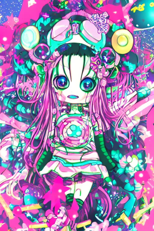 Image similar to cybergoth decora glitchcore yokai girl, sanrio ornaments, pastel cute cinematography