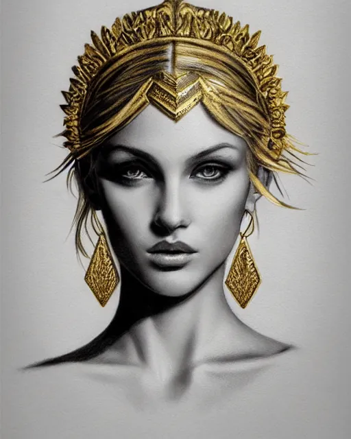 Image similar to tattoo sketch of blonde super model aphrodite greek goddess wearing a gold laurel wreath and triangle earrings, beautiful piercing gaze with sharp pupils, in the style of greg rutkowski, fantasy, amazing detail, epic, elegant, smooth, sharp focus, front view