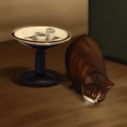 Prompt: cat drinks milk from a small porcelain plate, in game pathologic 2, digital art, steppe colours, cinematic composition, sharp, details, hd