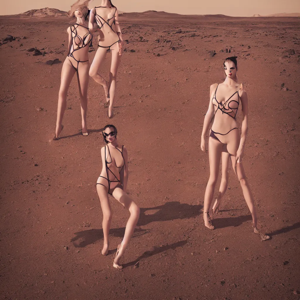 Image similar to si swimwear on mars, futuristic, elegant, fashion photo, magazine cover, behance editorial