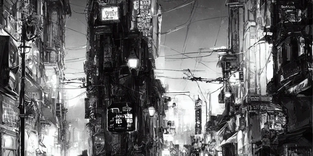 Prompt: nihei, the streets of salt lake city at night, black and white photography, noir, knights, detailed, artstation