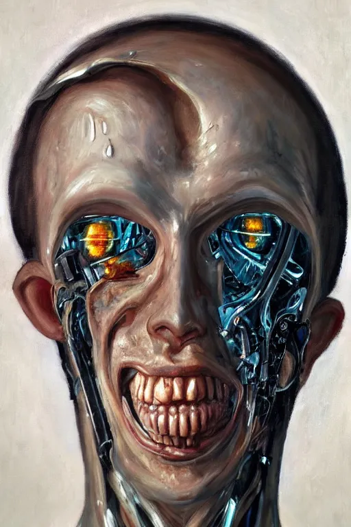 Prompt: oil painting, close-up, hight detailed, melting cyborg had half his face cut off, in style of 80s sci-fi art, neodada