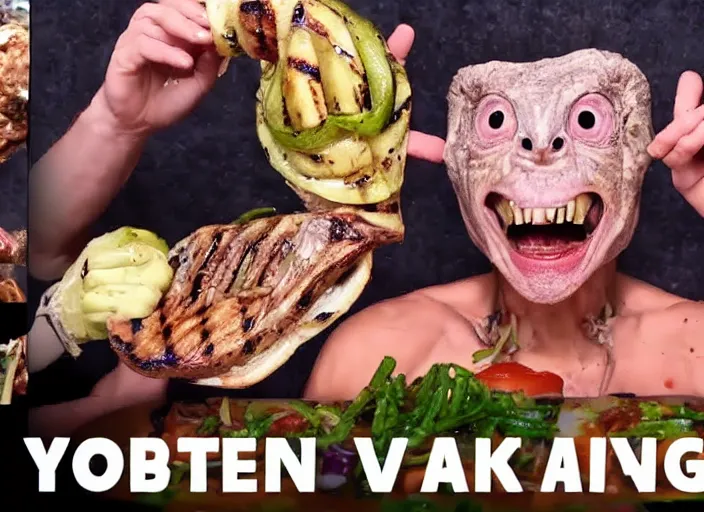 Prompt: Alien mukbang on YouTube. Alien vegetables, roasted. Exotic meat, grilled. Trending on YouTube. HD
