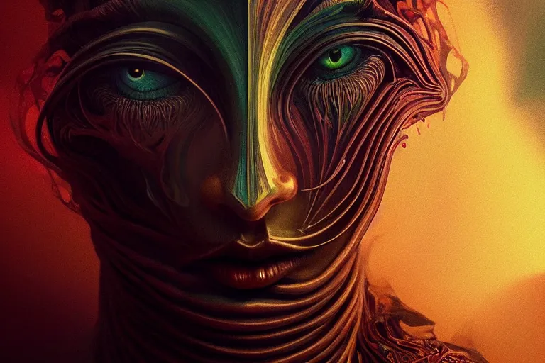 Image similar to surreal Portrait of beautiful Dark demonic godeness of destruction and greed in dmt chromatic surreal liquid enviroment , elegant, highly detailed, smooth, photoreal, sharp focus, illustration, beautiful, geometric, dmt trending on artstation, cinematic, artwork by WLOP