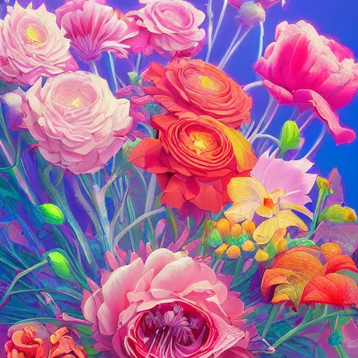 Prompt: a bouquet of colorful flowers, flowers with very long petals,afternoon sunlight, hard light and long shadows, neon glowing, vivid, detailed painting, by James Jean and Ross Tran, masterpiece, award winning painting