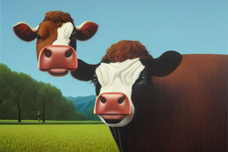 Image similar to 'Wherever you go, a cow is always watching you', lowbrow painting by Mark Ryden and René Magritte