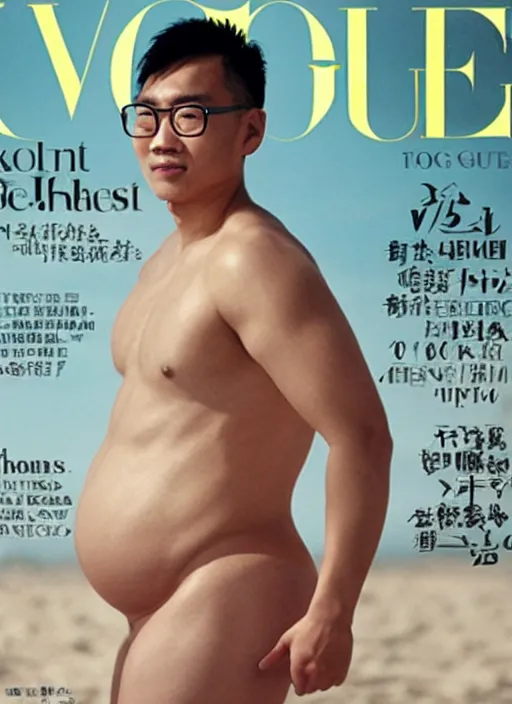 Prompt: A heavily pregnant shirtless Asian man with a big belly wearing glasses on the cover of Vogue