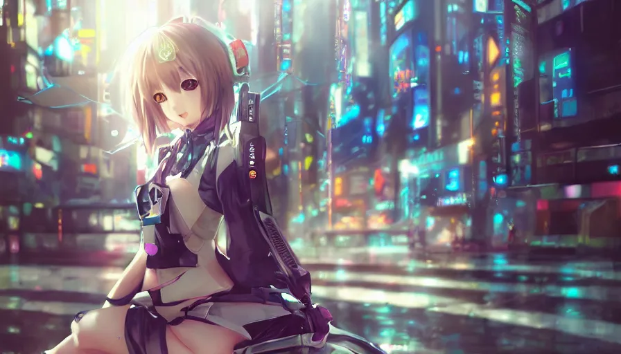 Prompt: cute anime girl in a cyberpunk city by wlop, short minidress, light clothing, light rain, hyper real, detailed digital art, hatsune miku