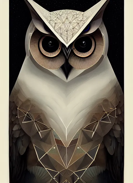 Image similar to portrait of a geometric owl, identical eyes, medium shot, illustration, full body made of white feathers, 8 k, symmetrical, art stand, super detailed, cinematic lighting, and its detailed and intricate, gorgeous, by peter mohrbacher