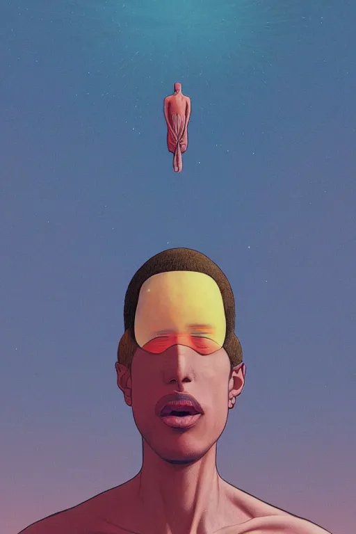 Image similar to a scifi closeup portrait of a young morrocan man licking a blotter paper of LSD acid on his tongue and dreaming psychedelic hallucinations in cosmos, by kawase hasui, moebius, Edward Hopper and James Gilleard, Zdzislaw Beksinski, Steven Outram colorful flat surreal design, hd, 8k, artstation