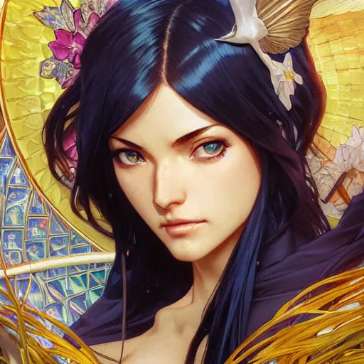 Image similar to highly detailed vfx portrait of nico robin, greg rutkowski, makoto shinkai, alphonse mucha, sharp focus, art by artgerm and greg rutkowski, backlit, harsh overhead sunlight, blue eyes, stanley kybric