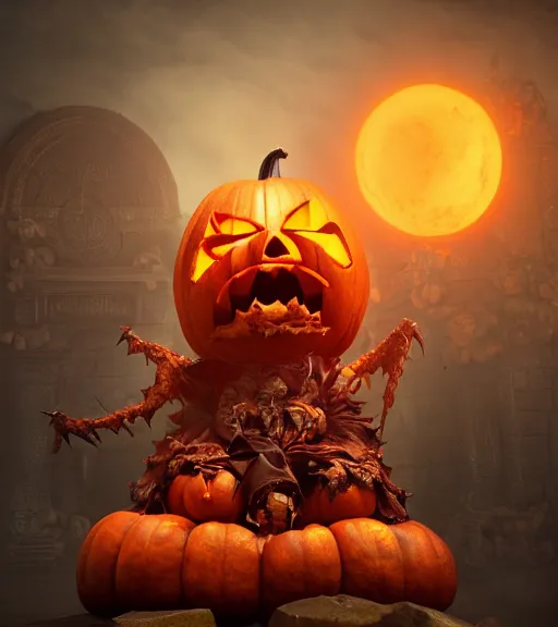 Image similar to fat pumpkin monster wearing king's clothing, sitting on a stone throne, john loren character illustration, creepy carved expression, darksiders halloween theme, octane render, z - brush, creepy lighting, dynamic pose, 4 k artstation