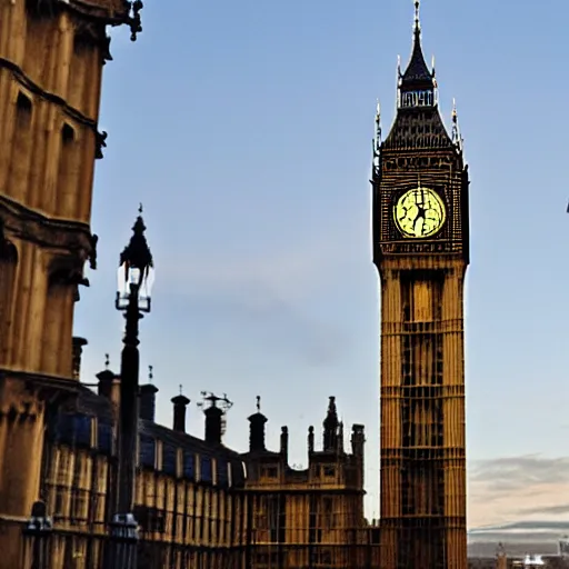 Image similar to Colour photo of steampunk airship docking at Big Ben