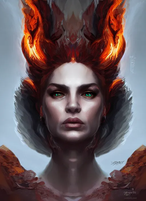 Prompt: face portrait of the empress of flames, perfect face details, symmetry, digital painting, trending on artstation and deviantart, epic composition, dynamic, highly detailed, ross draws, wlop, 8 k