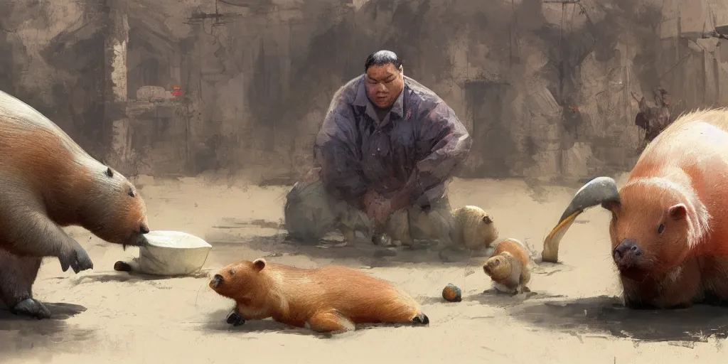 Image similar to TA fat Chinese man preparing a capybara for lunch, as if it were a pig , artwork by Craig Mullins,Movie poster, detailed, trending on artstation
