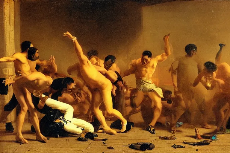 Prompt: rappers in a brawl in a dark halley in the style of jean - leon gerome