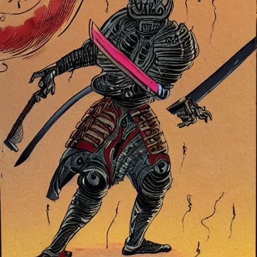 Prompt: old alien samurai attacking with his sword